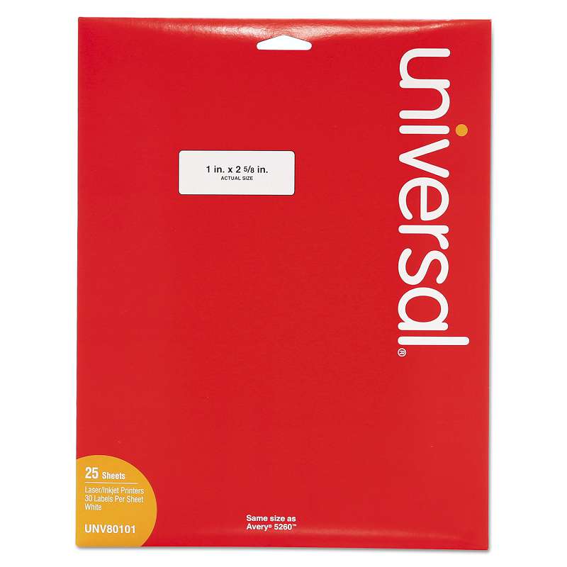 Universal® Laser Printer Permanent Labels, 1 x 2 5/8, White, 750/Pack
