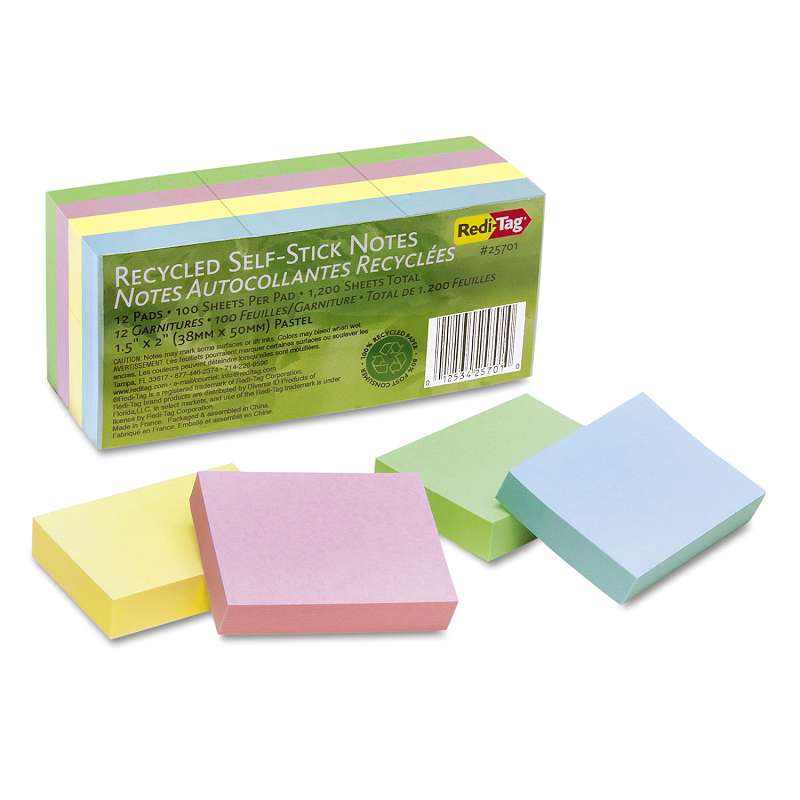 Redi-Tag® 100% Recycled Notes, 1 1/2 x 2, Four Pastel Colors, 12 100-Sheet Pads/Pack