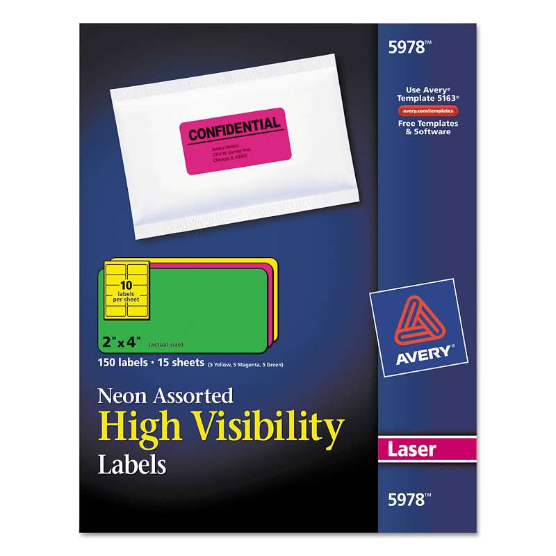 Avery® High-Visibility Permanent ID Labels, Laser, 2 x 4, Asst. Neon, 150/Pack
