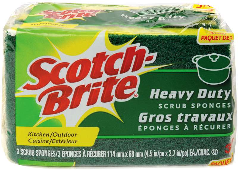 Scotch-Brite® Heavy-Duty Scrub Sponge, 4 1/2 x 2 7/10 x 3/5 Green/Yellow, 3/Pack