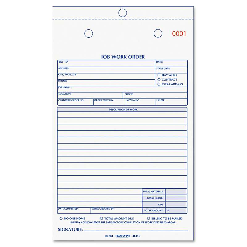 Rediform® Job Work Order Book, 5 1/2 x 8 1/2, Two Part Carbonless, 50/Book