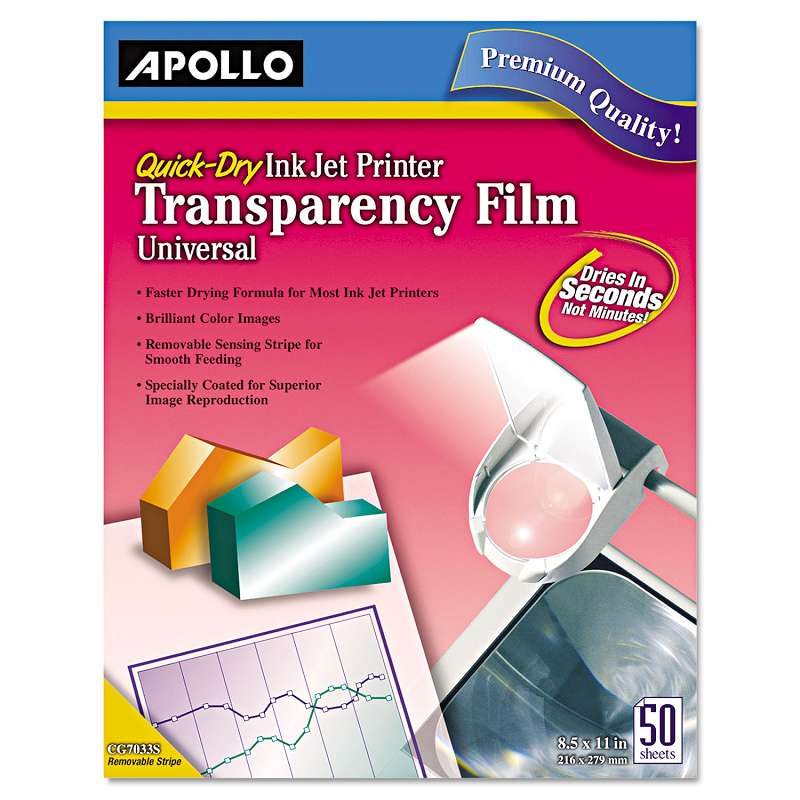 Apollo® Quick-Dry Color Inkjet Transparency Film, Letter, Clear, 50/Box