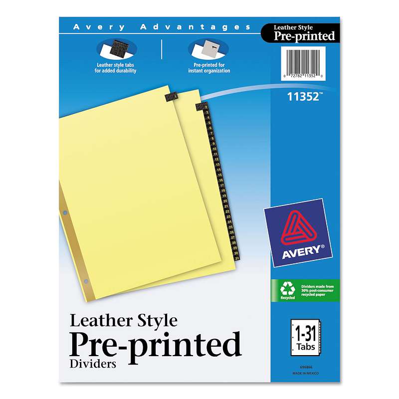 Avery® Preprinted Black Leather Tab Dividers w/Gold Reinforced Edge, 31-Tab, Ltr