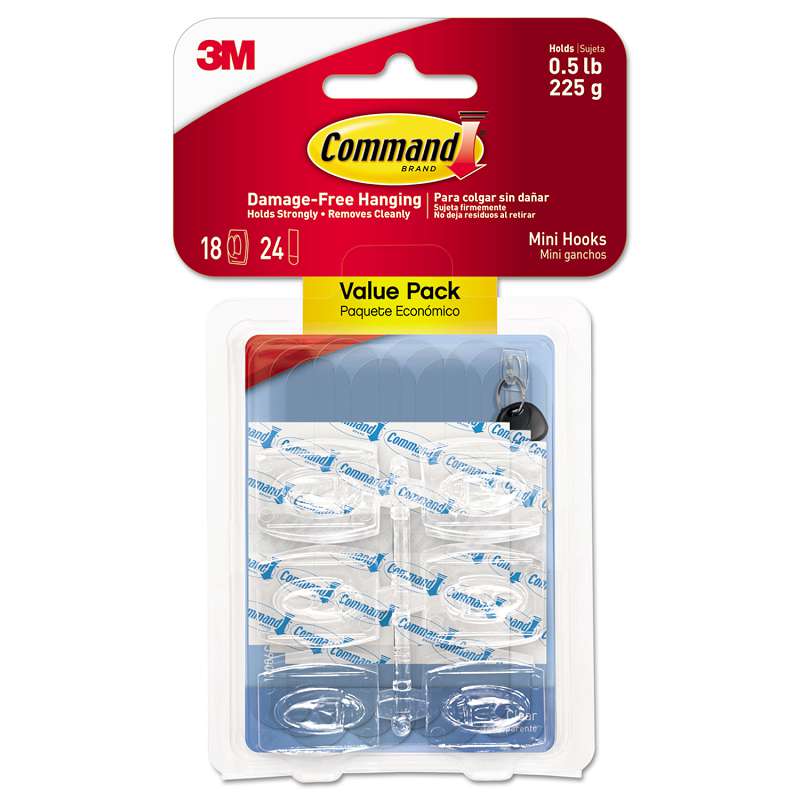 Command™ Clear Hooks & Strips, Plastic, Mini, 18 Hooks & 24 Strips/Pack