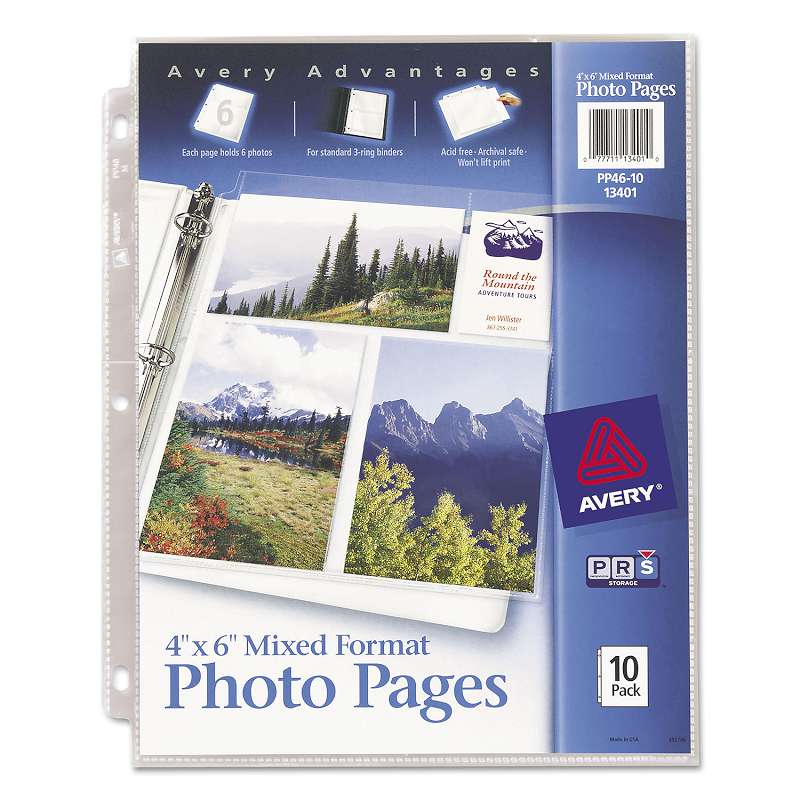 Avery® Photo Storage Pages for Six 4 x 6 Mixed Format Photos, 3-Hole Punched, 10/Pack