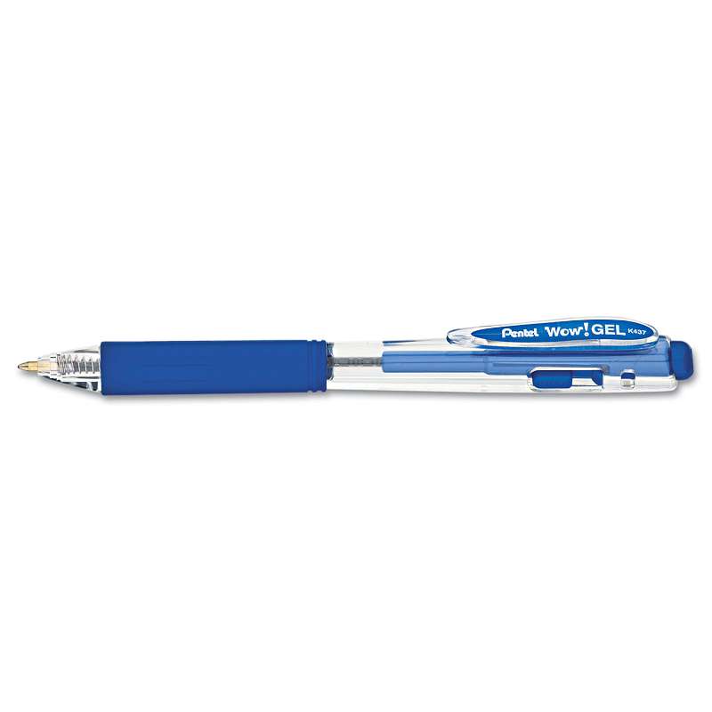 Pentel® WOW! Retractable Gel Pen, .7mm, Trans Barrel, Blue Ink, Dozen