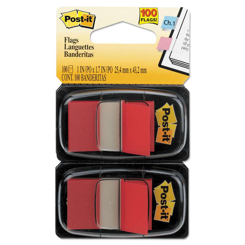 Post-it® Flags Standard Page Flags in Dispenser, Red, 100 Flags/Dispenser