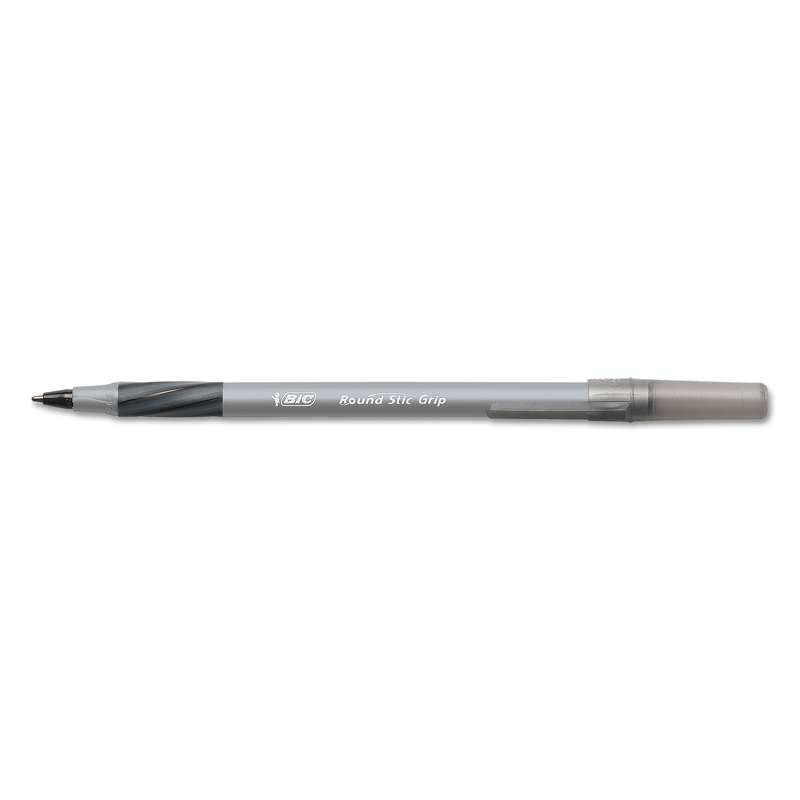 BIC® Round Stic Grip Xtra Comfort Ballpoint Pen, Black Ink, .8mm, Fine, Dozen