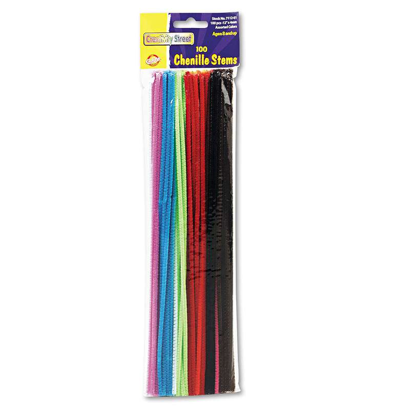 Chenille Kraft® Regular Stems, 12" x 4mm, Metal Wire, Polyester, Assorted, 100/Pack