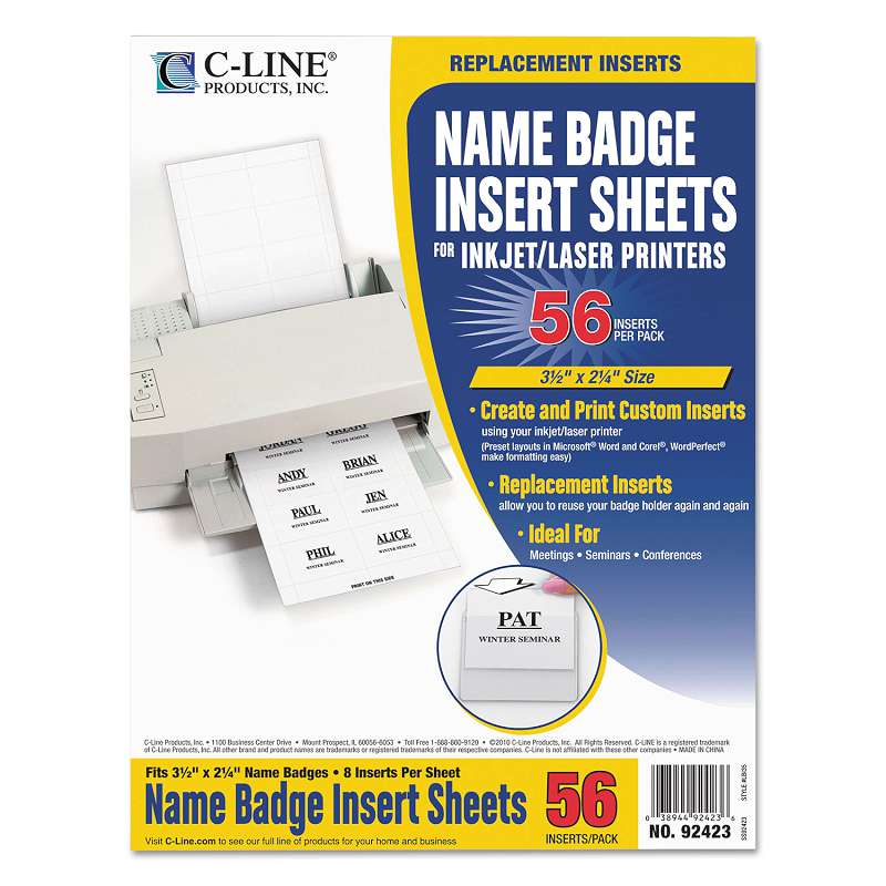 C-Line® Name Badge Inserts, 3 1/2 x 2 1/4, White, 56/Pack