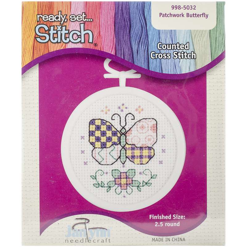 Patchwork Butterfly Mini Counted Cross Stitch Kit 2.5" Round 18 Count