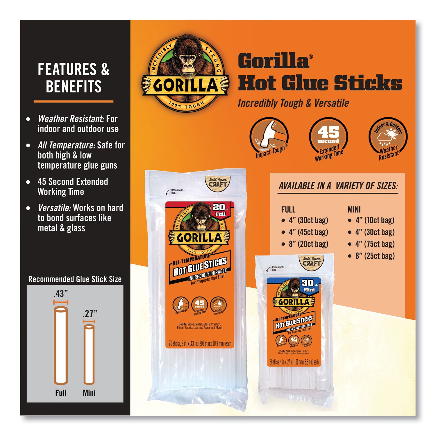 High-Temp Mini Glue Sticks .27"X4" 30/Pkg