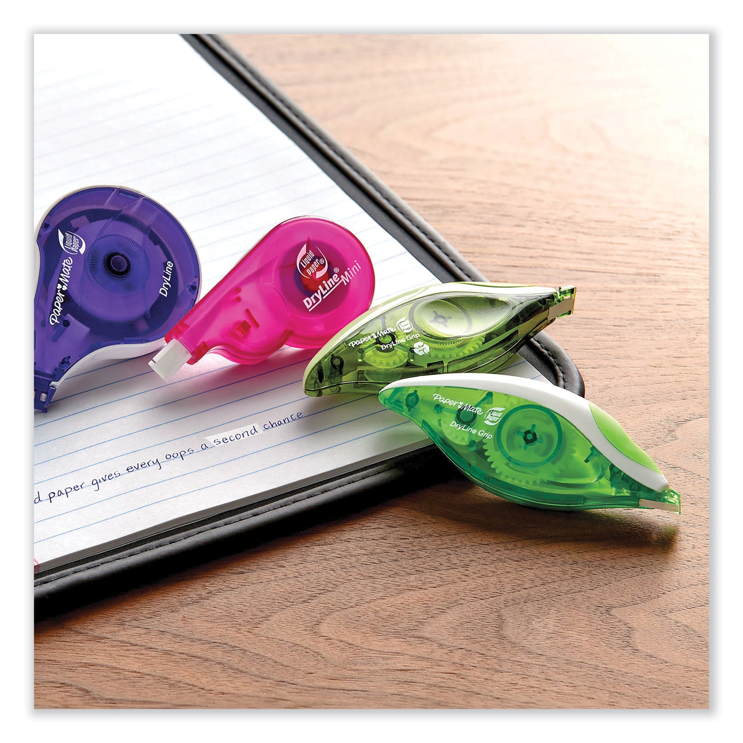 Paper Mate® Liquid Paper® DryLine Grip Correction Tape, 1/5" x 335", Blue/Purple Dispensers, 2/Pack