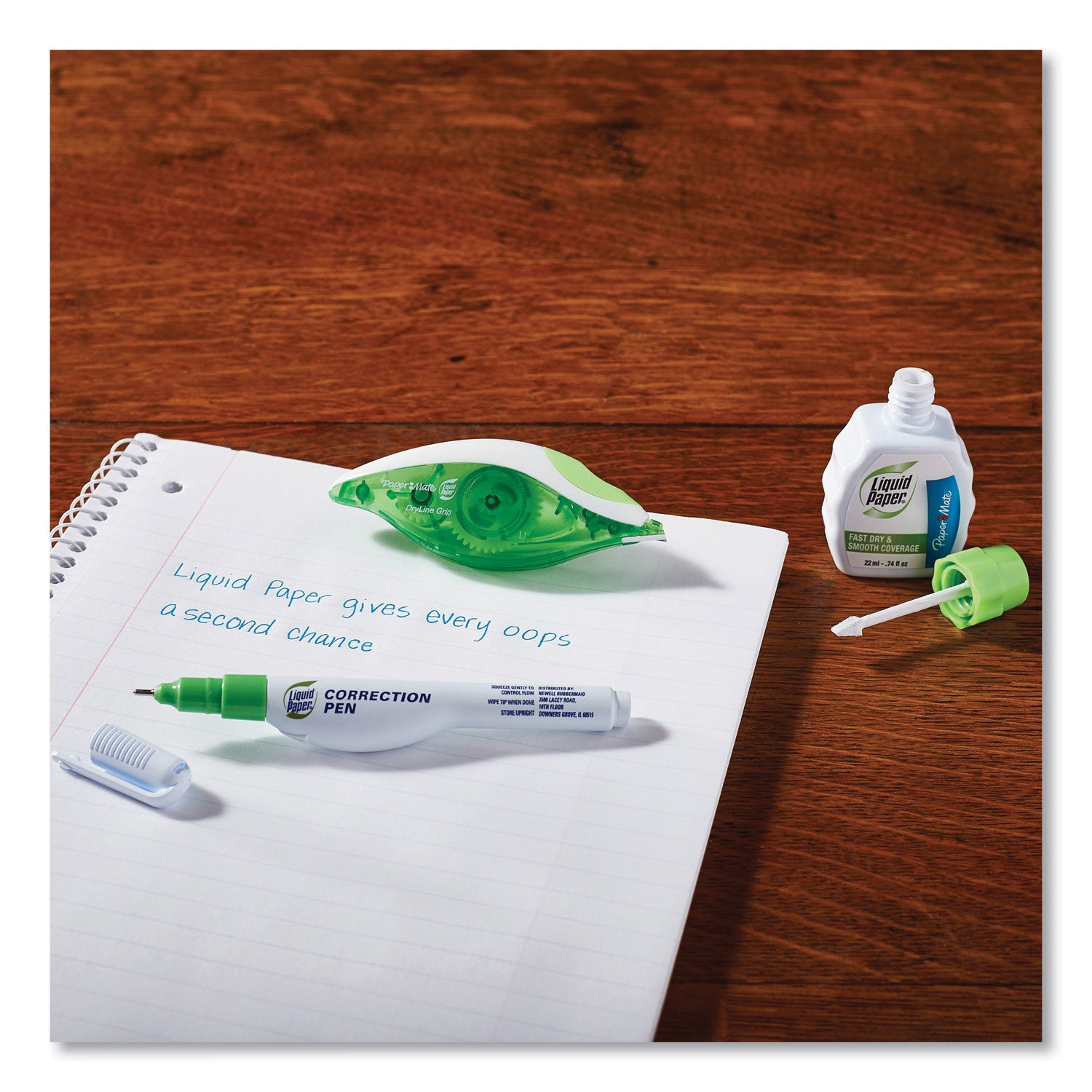 Paper Mate® Liquid Paper® DryLine Grip Correction Tape, 1/5" x 335", Blue/Purple Dispensers, 2/Pack