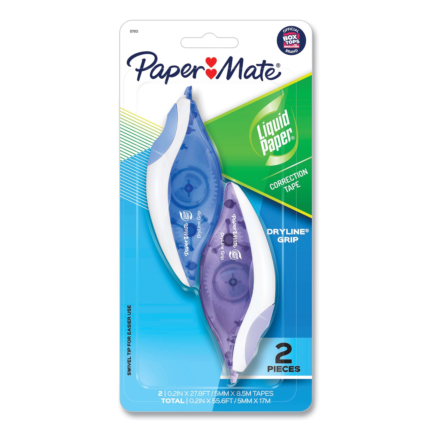 Paper Mate® Liquid Paper® DryLine Grip Correction Tape, 1/5" x 335", Blue/Purple Dispensers, 2/Pack