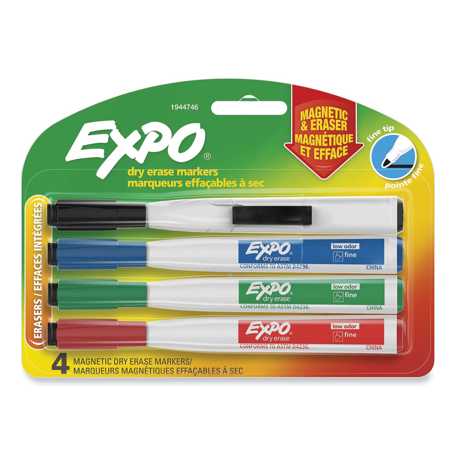 Magnetic Dry Erase Fine Marker With Eraser 4/Pkg Assorted