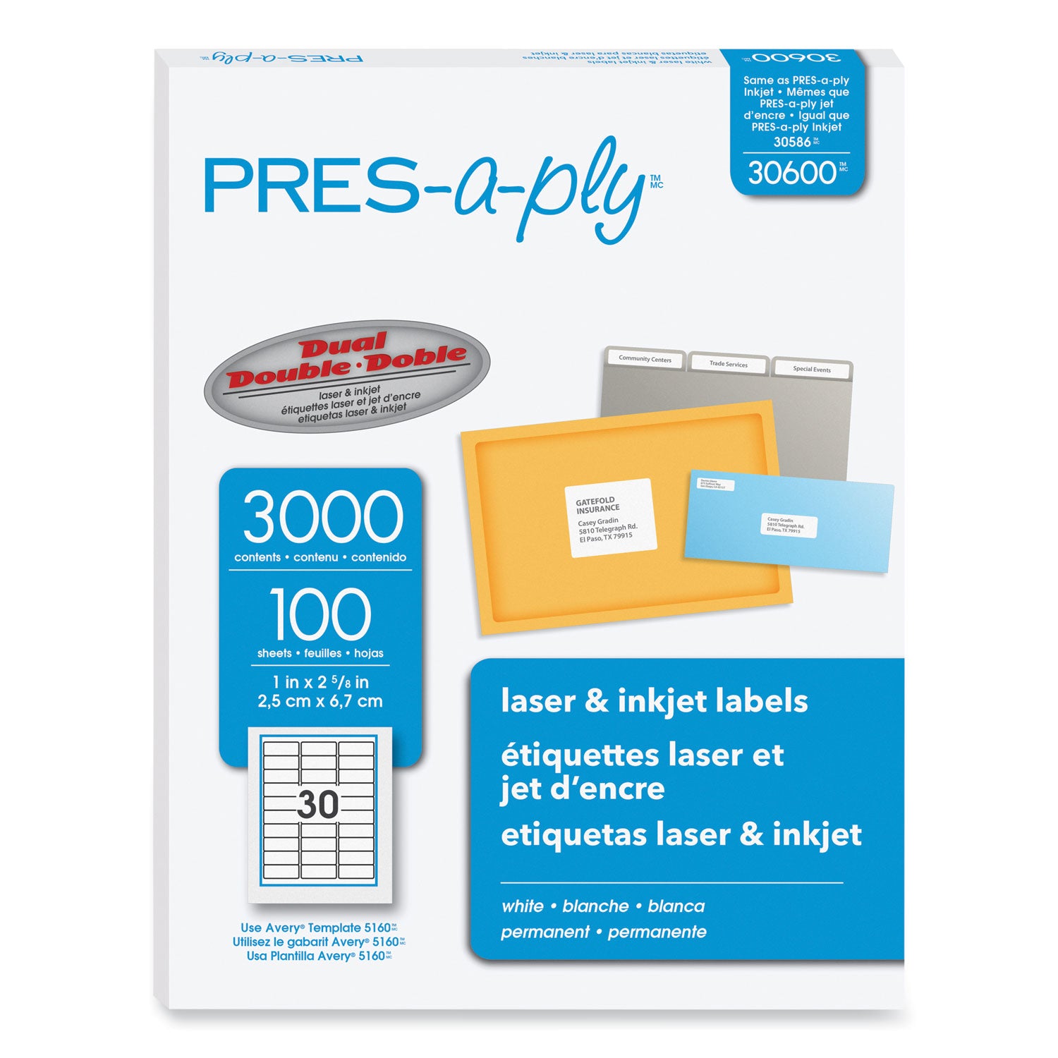 PRES-a-ply® Laser Address Labels, 1 x 2 5/8, White, 3000/Box