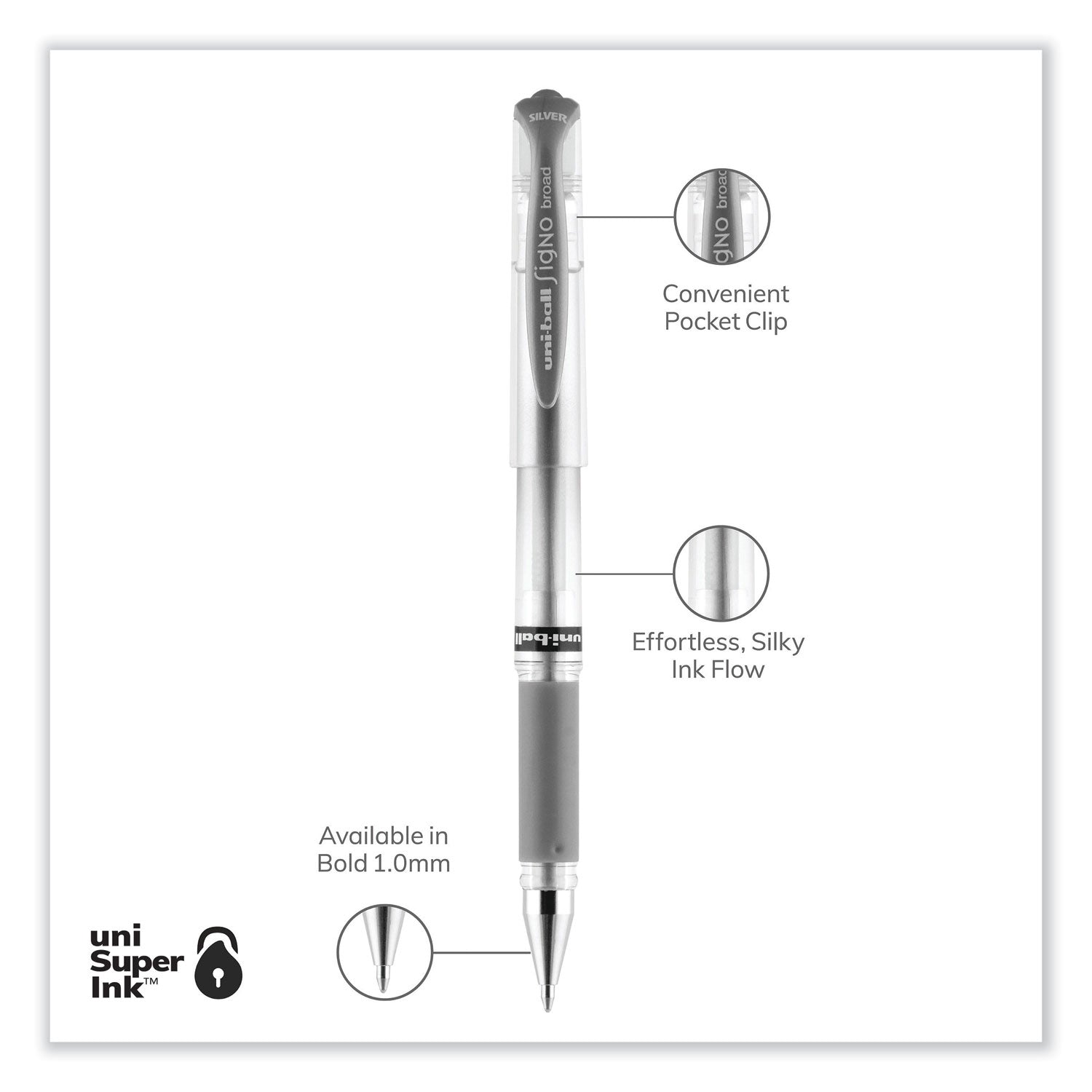 uni-ball Impact Gel Pens, Bold Point (1.0mm), Metallic Silver, 