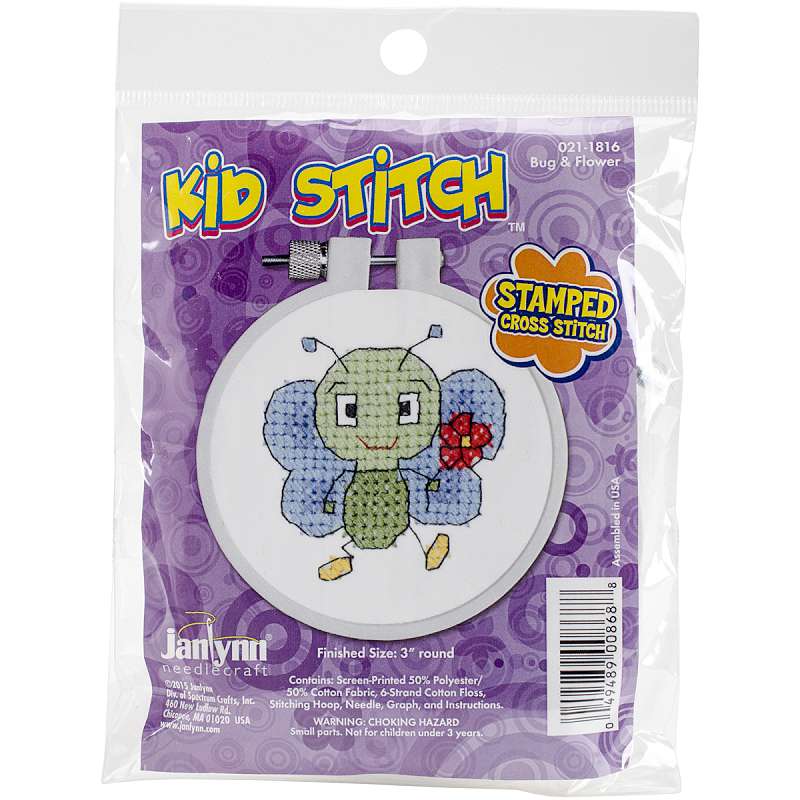 Kid Stitch Bug & Flower Stamped Cross Stitch Kit 3" Round