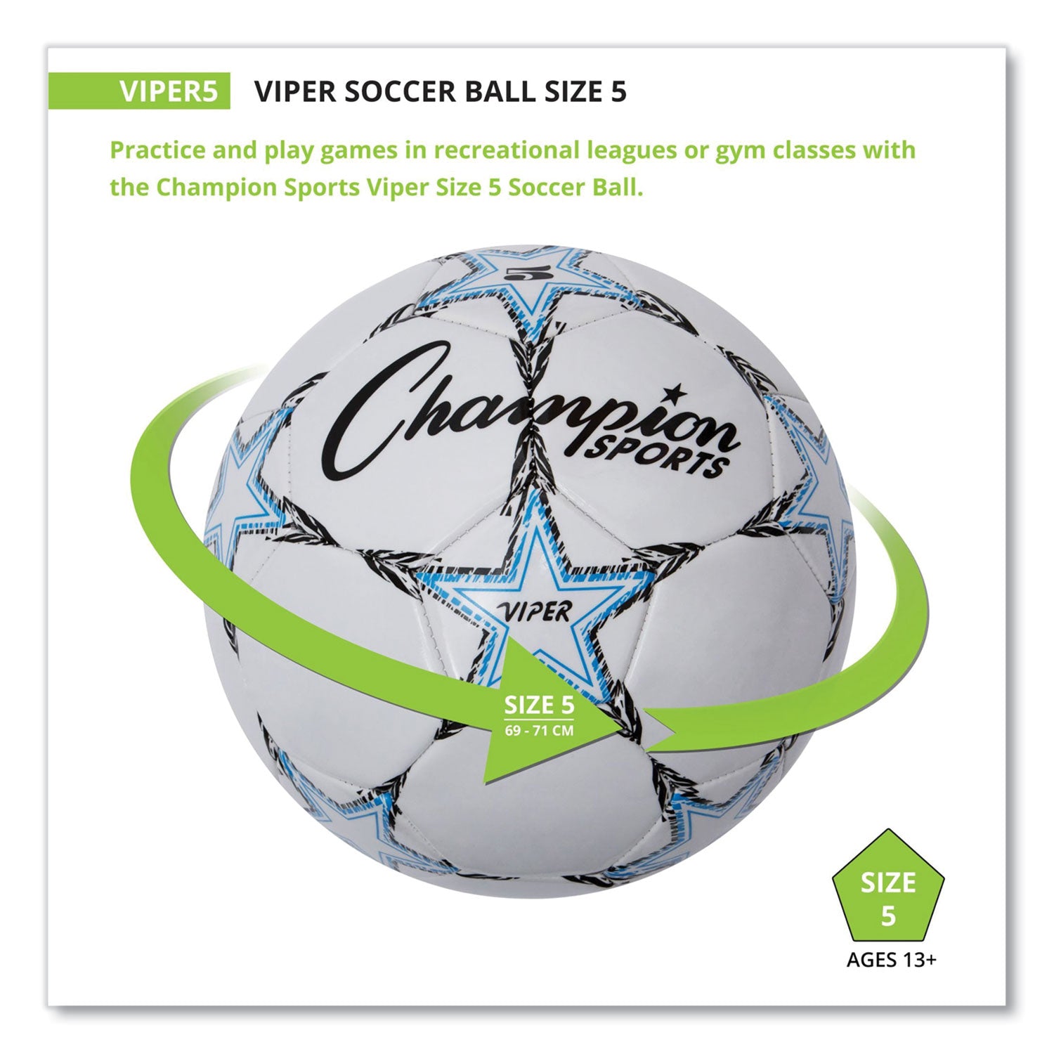 Champion Sports VIPER Soccer Ball, Size 5, 8 1/2"- 9" dia., White