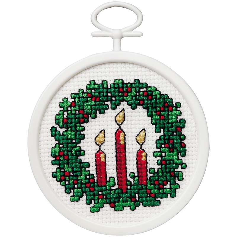 Holiday Wreath Mini Counted Cross Stitch Kit 2.5" Round 18 Count