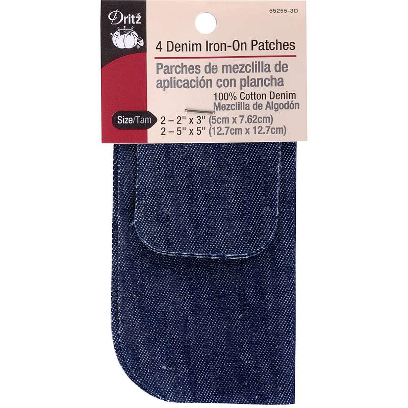 Denim Iron-On Patches (2) 2"X3" & (2) 5"X5" 4/Pkg Dark Blue