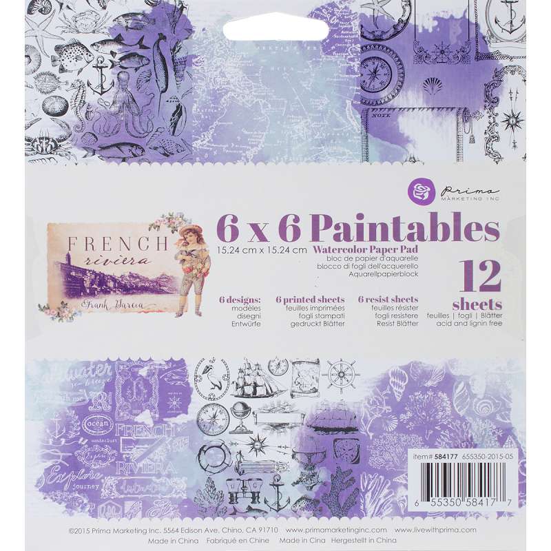 Prima Marketing Paintables Watercolor Paper Pad 6"X6" 12/Pkg French Riviera
